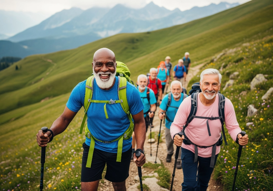 Group of friends hiking a mountain trail