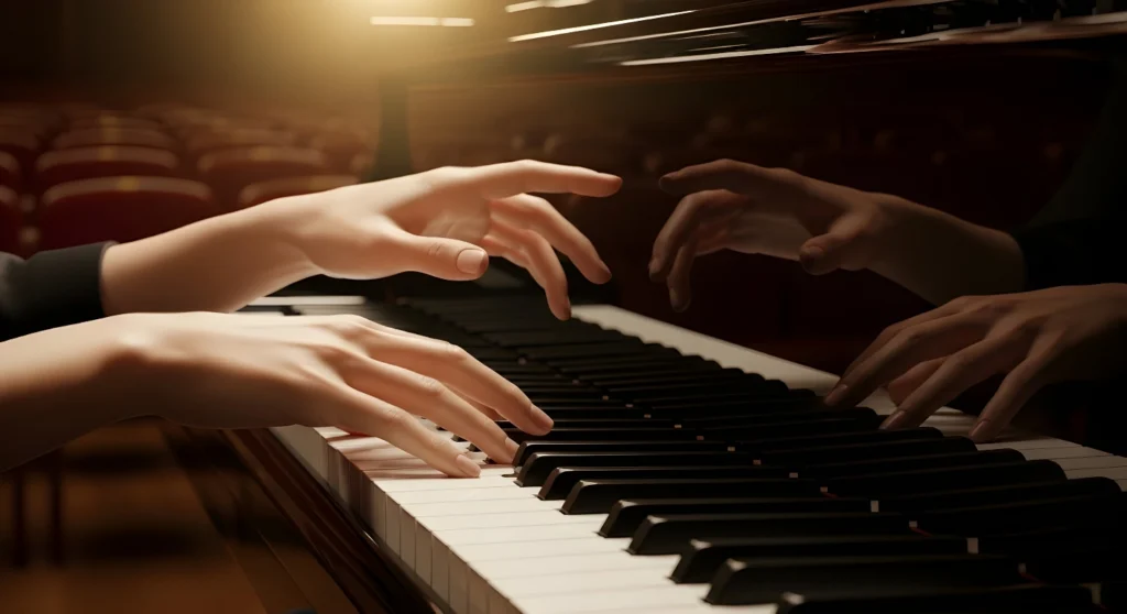 Hands playing a piano
